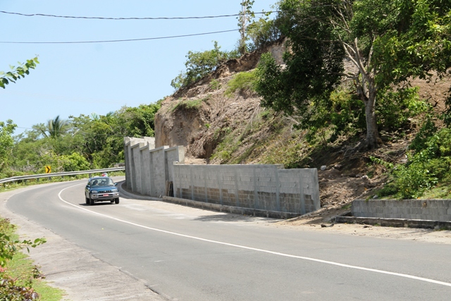 The completed rock retaining wall at Fenton Hill, part of the Nevis Disaster Management Department’s Enhancing Disaster Resilience and Emergency Shelter Management Project